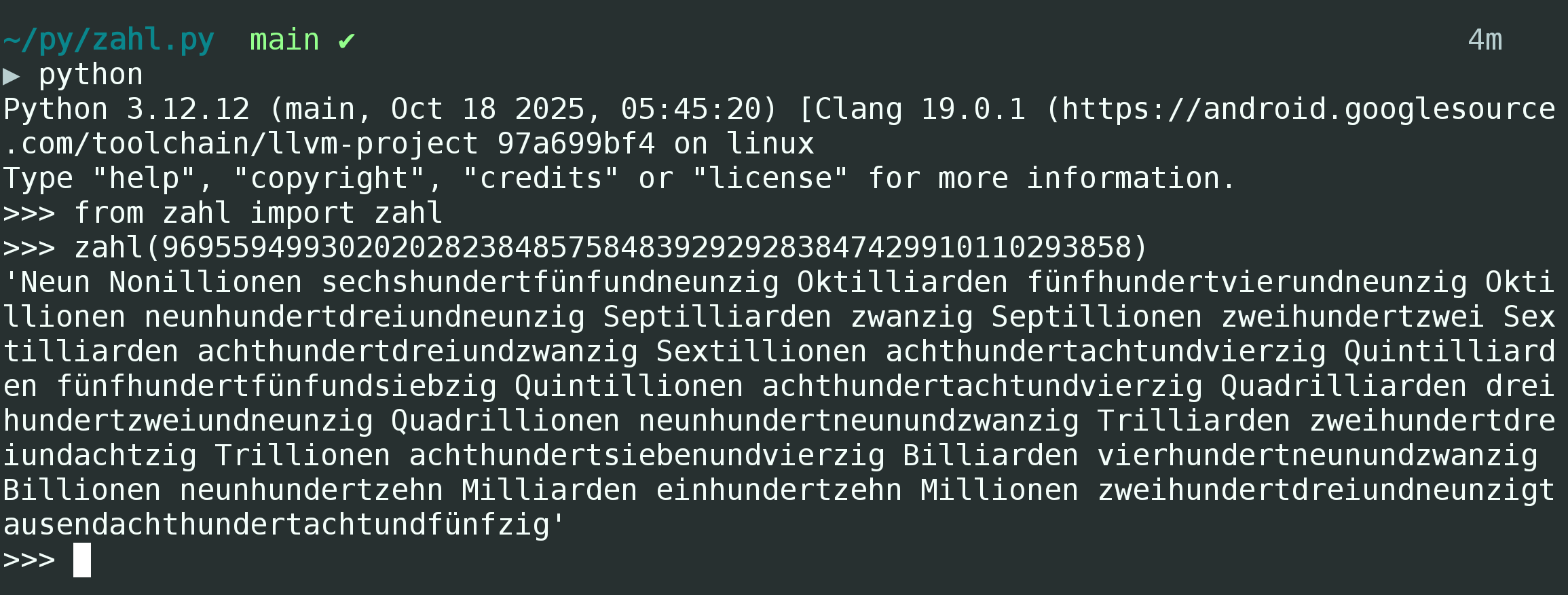 Beispielausgabe des Programms zahl.py